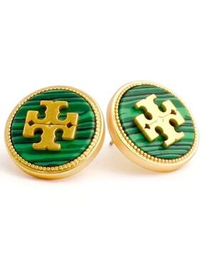 Tory Burch semiprecious green round button stud logo earrings